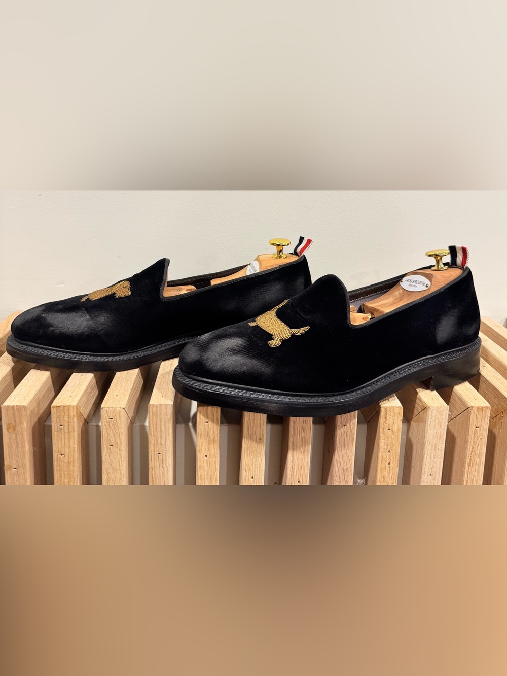 Thom Browne Black Velvet Slip-On Loafers with Gold Embroidery